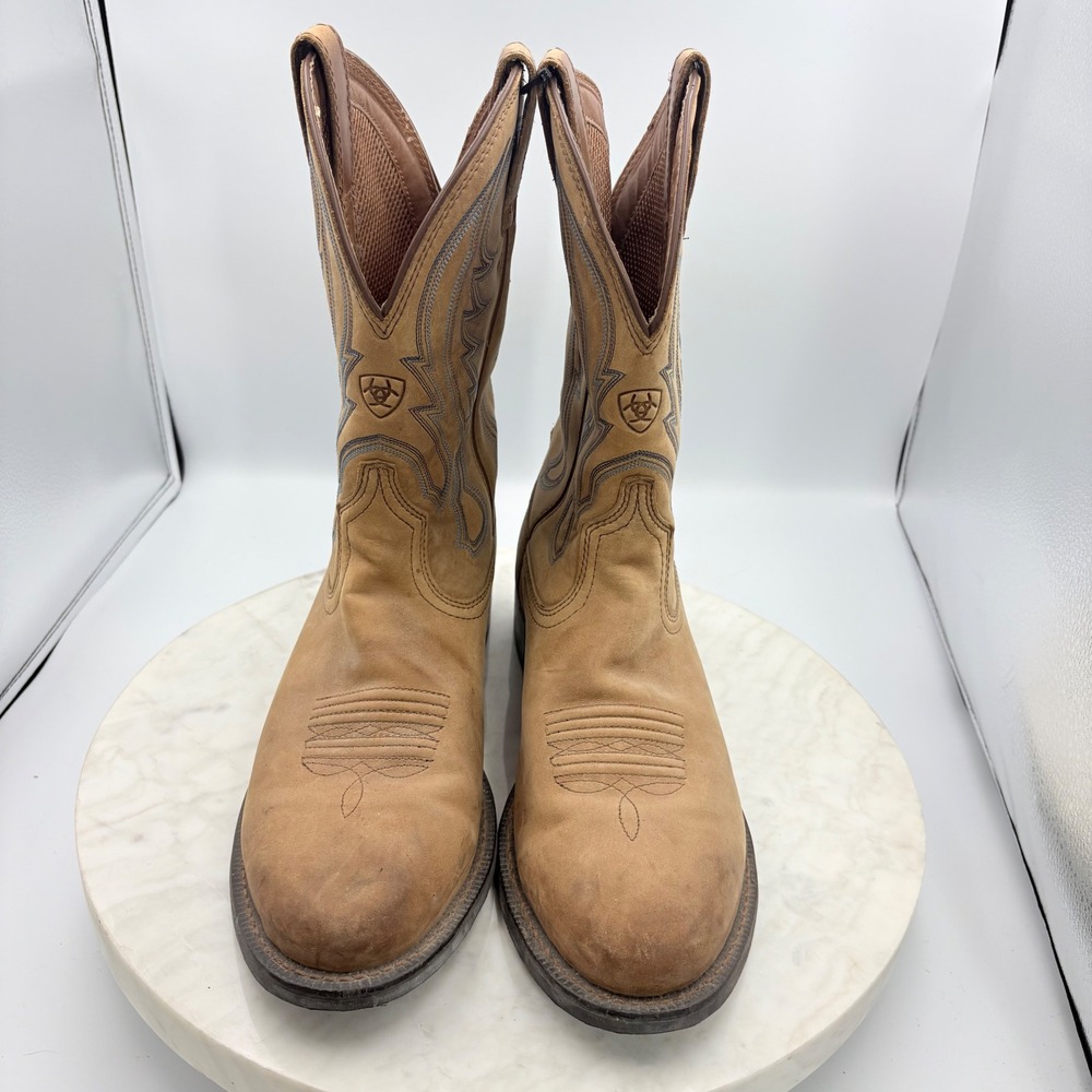 Ariat Western Boots Mens 12D Tan Leather Round Toe Stitching Rodeo Cowboy - Picture 2 of 13